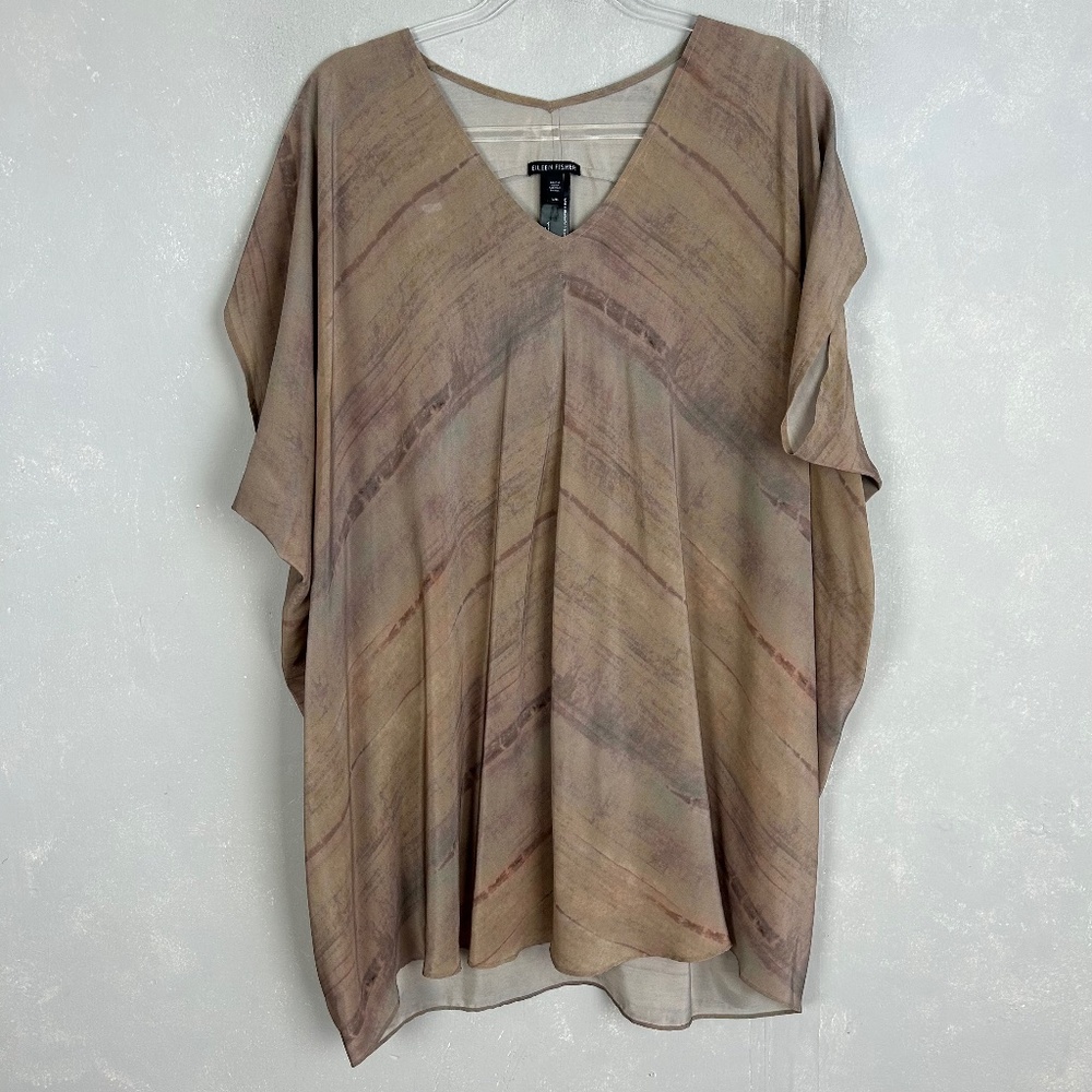 Eileen Fisher size L‎ tunic top grove printed silk crepe brown lagenlook artsy